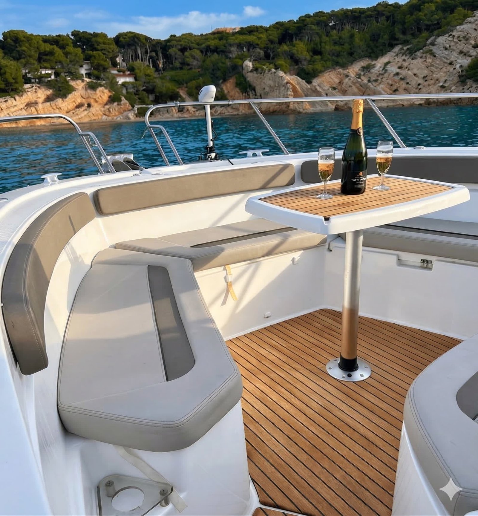 proa barco proa del barco con colchonetas y mesa