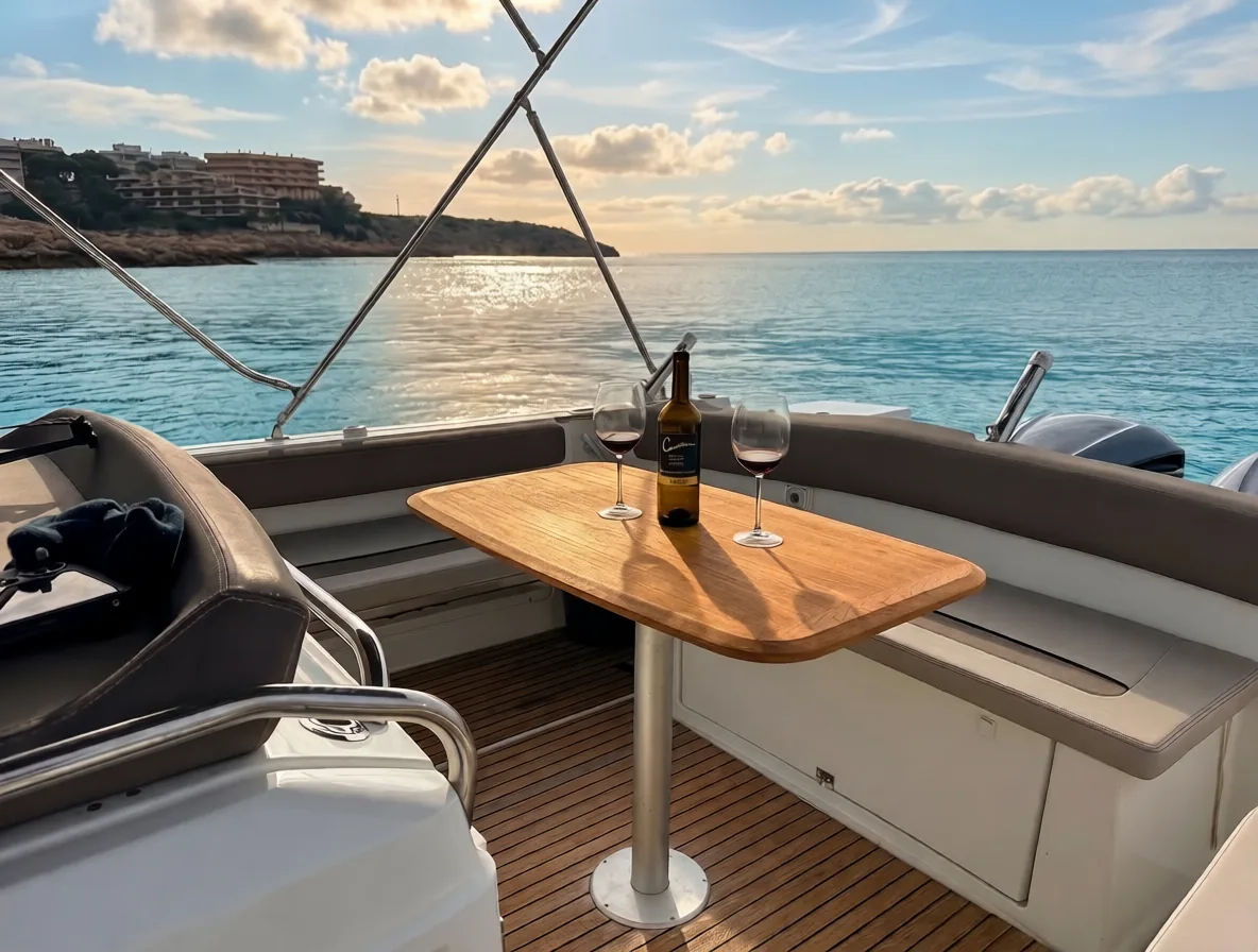 Deck table on the boat at sunset